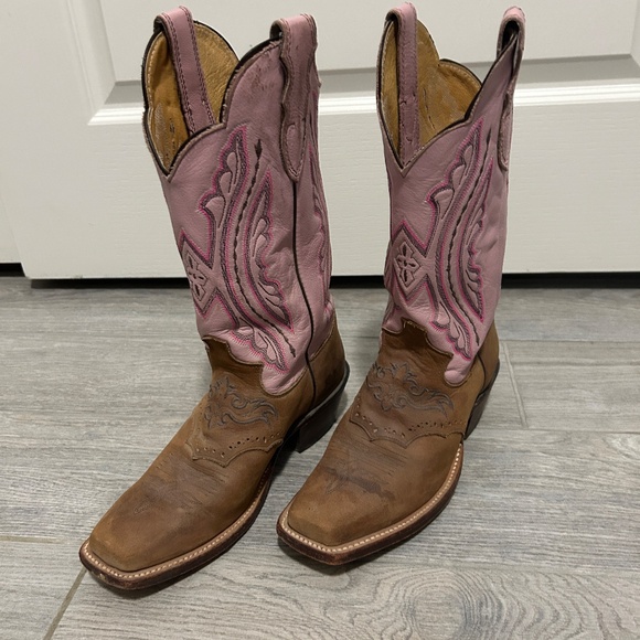 Women's Justin Pink/Tan Leather Square Toed Western Boots - 7 - Picture 2 of 12